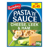 Batchelors - Pasta n Sauce Cheese, Leek & Ham Flavour Pasta Sachet, 99g. Quick meal option with pasta, cheese, leek & ham image on pack. Price label: "RRP £1.45".